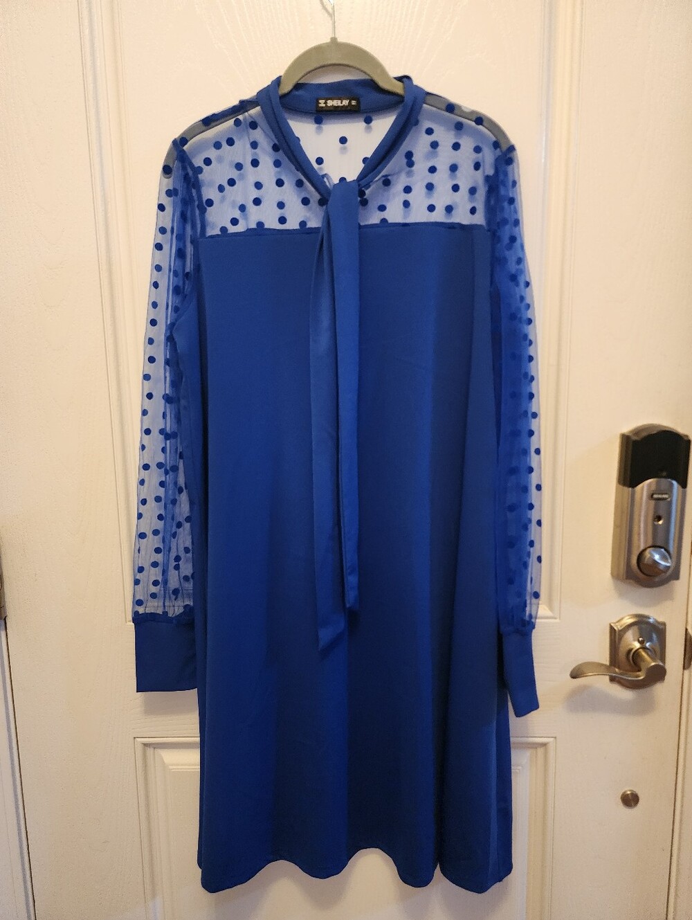 SHEIN Royal Blue Polka Dot Tie-Neck Long Sleeve Dress